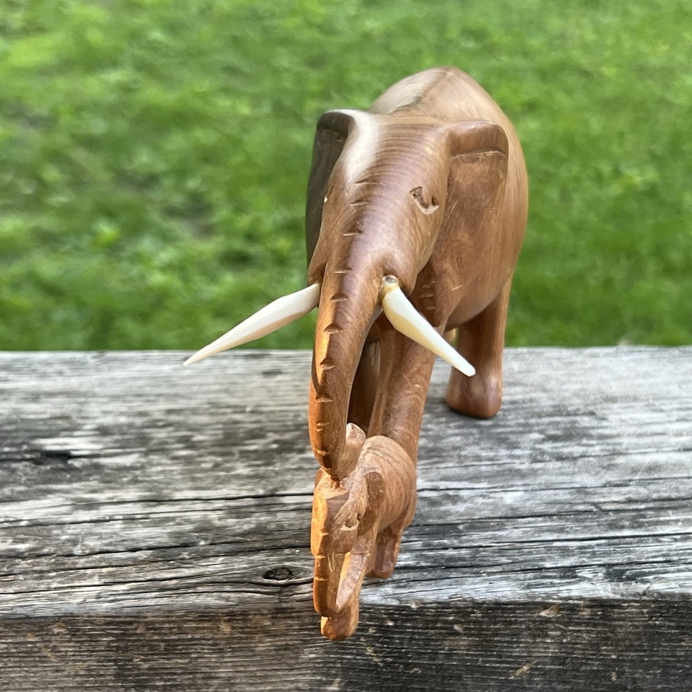 Hand Carved Kenya Wooden Elephant & Calf Connected Sculpture Safari Decor - Picture 3 of 8
